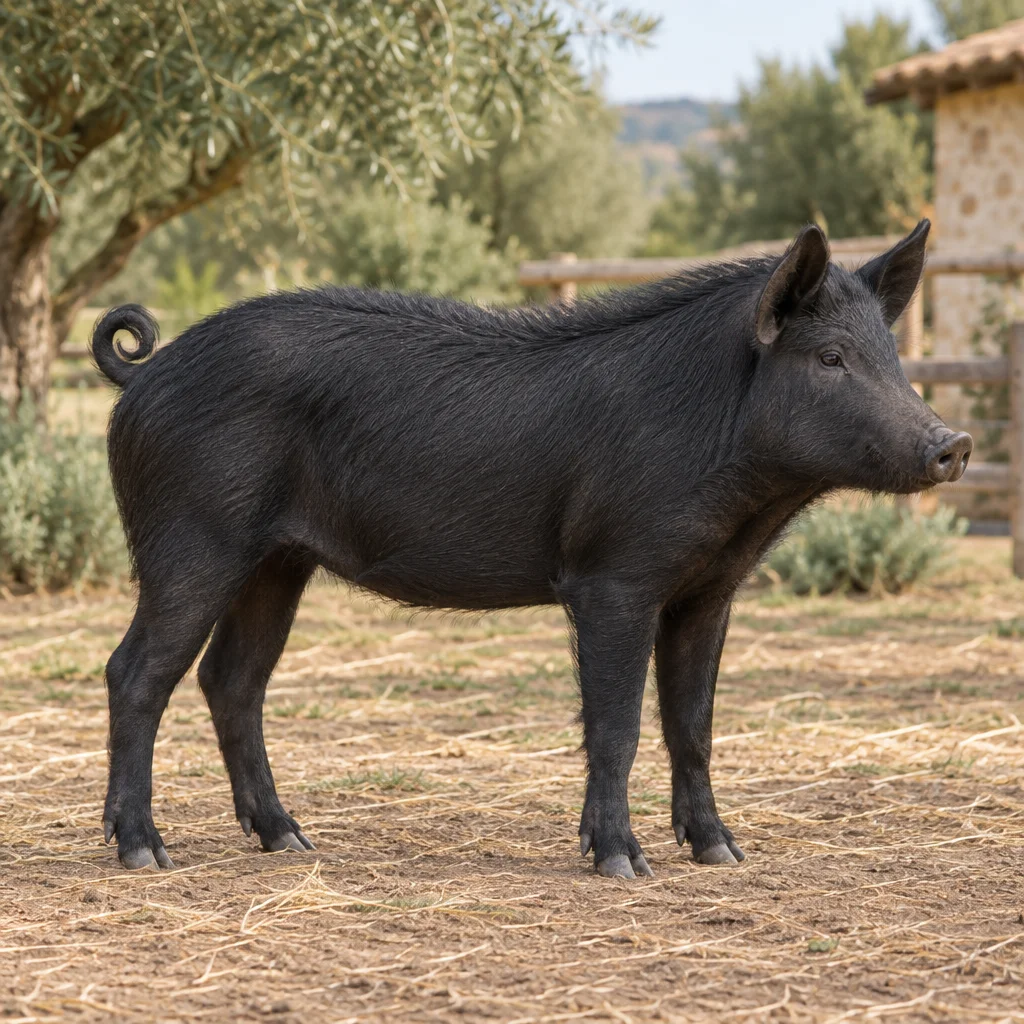 Ilustrație cu un porc negru în spațiul exterior îngrădit, cu urechile ridicate și peri zbârliți pe lungimea spatelui.