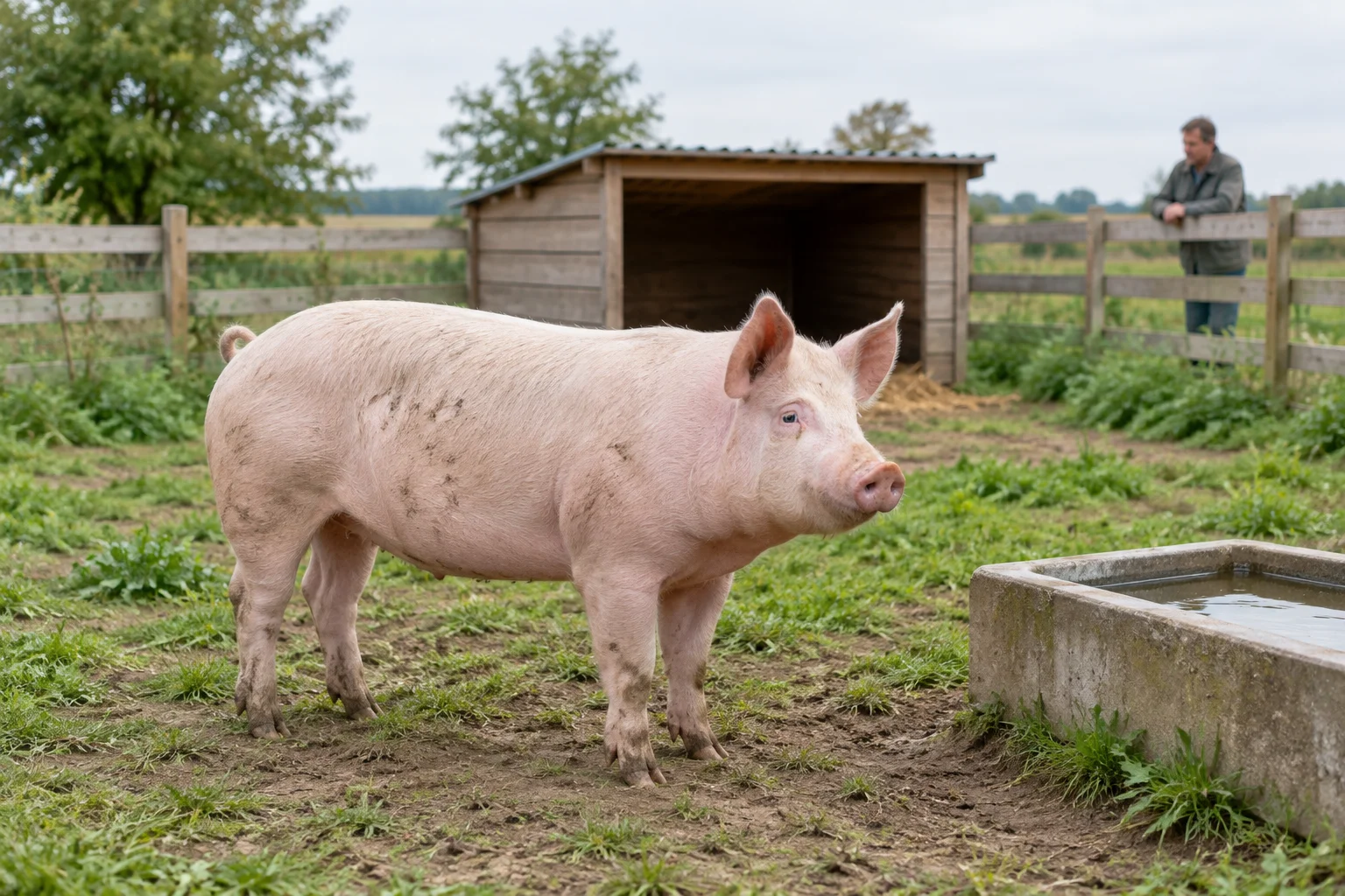 Un porc de culoare roz deschis pe un teren exterior verde, lângă un recipient cu apă și un adăpost din lemn, cu un gard și o persoană în fundal.