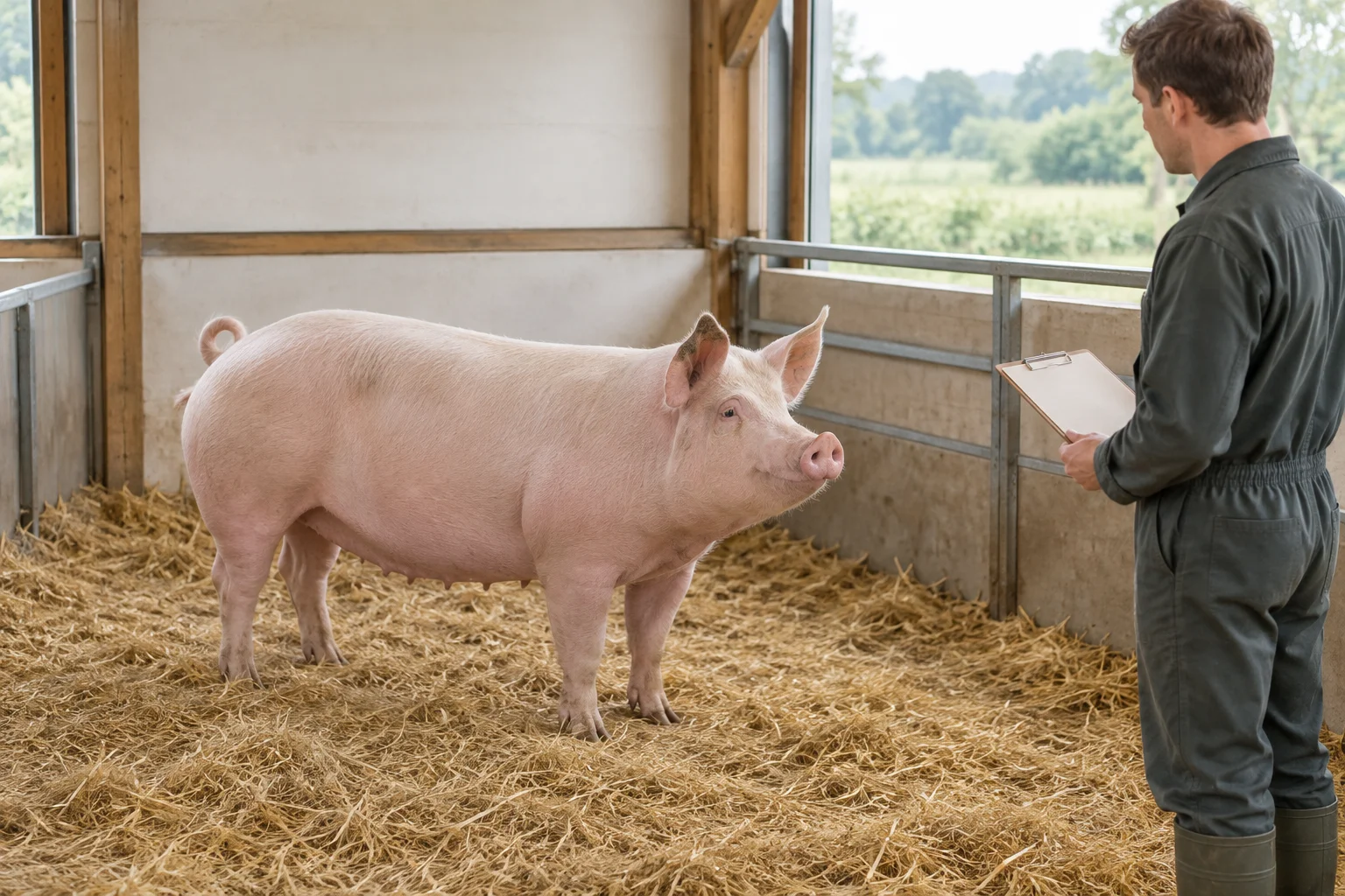 Porc adult roz în interiorul unui grajd cu paie, în timp ce un îngrijitor stă lângă țarc și privește animalul, ținând în mână un clipboard gol.