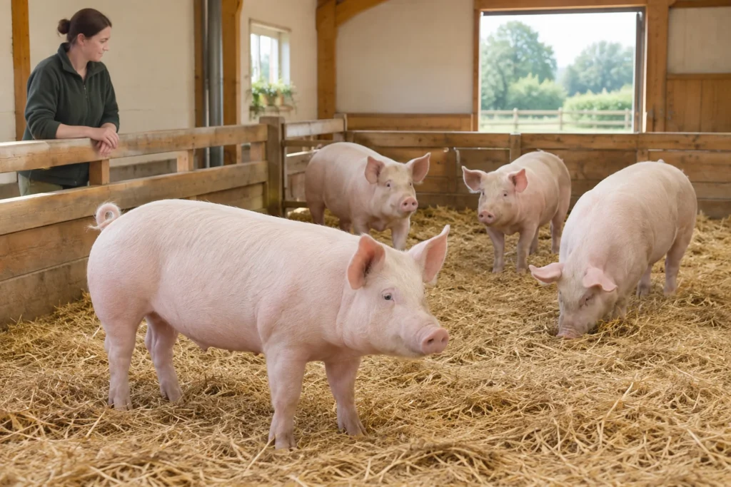 O femeie privește peste un gard de lemn către patru porci de culoare deschisă, în adăpostul cu paie.