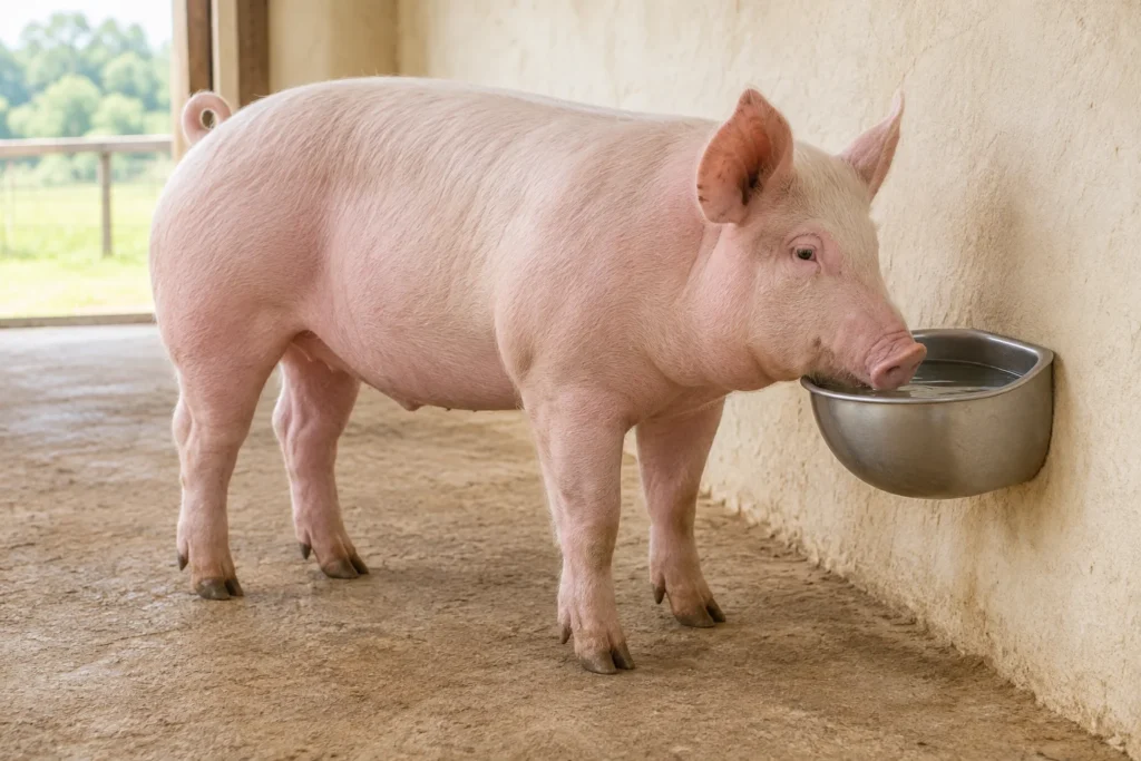 Porc roz lângă un adăpător cu vas și apă, montat pe perete.