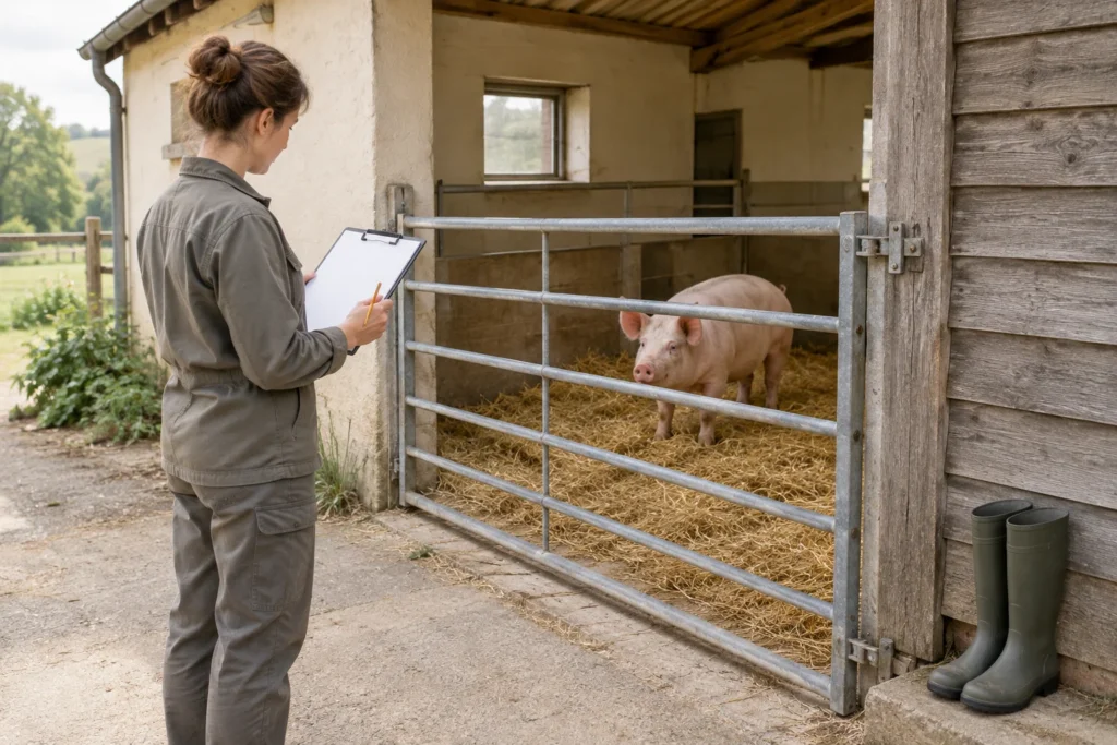 O femeie cu o planșetă goală stă în fața unei porți închise. Dincolo de poartă, un porc stă în adăpost, pe paie; lângă poartă sunt cizme de cauciuc.