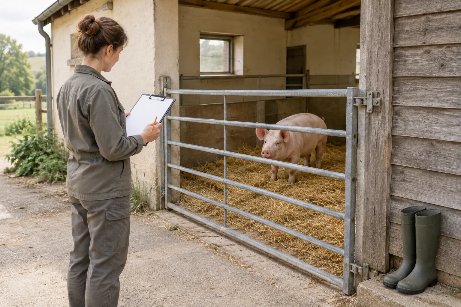 O femeie cu o planșetă goală stă în fața unei porți închise. Dincolo de poartă, un porc stă în adăpost, pe paie; lângă poartă sunt cizme de cauciuc.