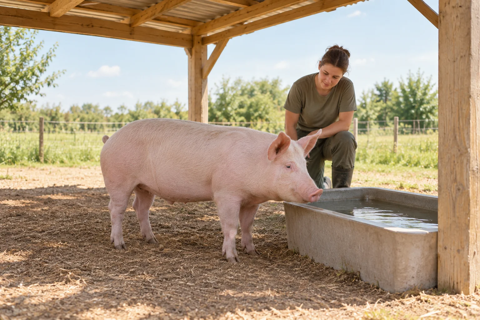 Un porc roz deschis stă sub un acoperiș de lemn deschis, lângă o adăpătoare, în timp ce un îngrijitor privește.