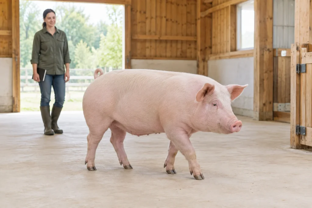 Un porc roz merge prin interiorul unui adăpost luminos, în timp ce un îngrijitor urmărește animalul de la distanță. Toate cele patru picioare și ongloanele sunt vizibile.