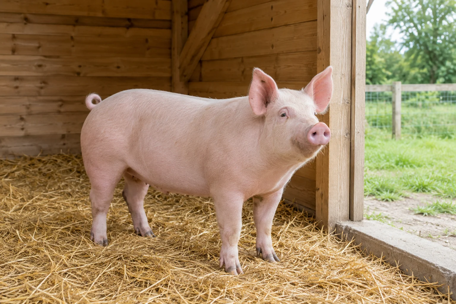 Un porc roz deschis stă pe paie în adăpostul din lemn, lângă o trecere deschisă către un spațiu exterior verde și împrejmuit.
