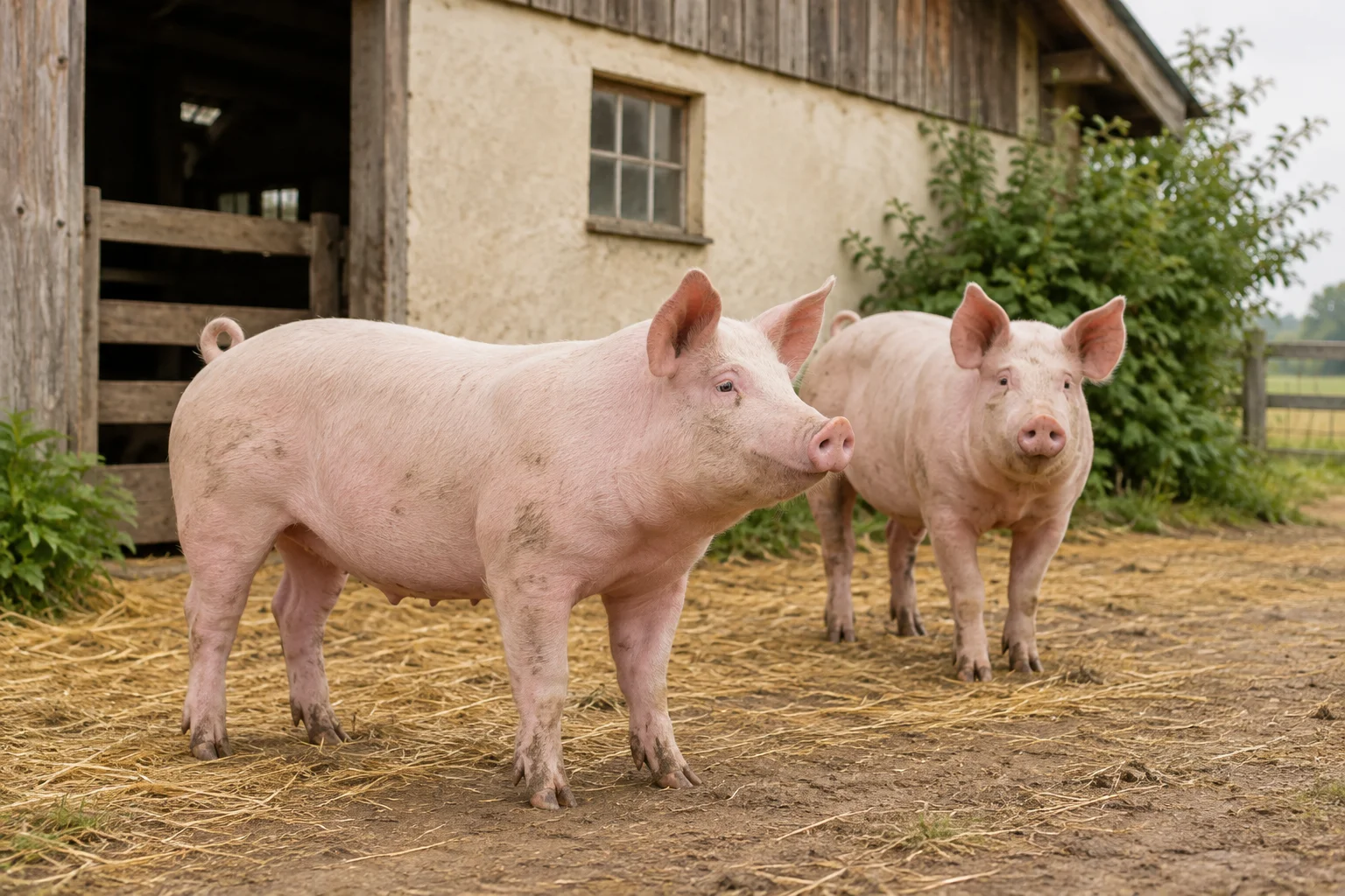 Doi porci roz stau în curtea cu paie, în fața unui grajd.