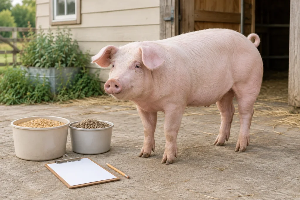 Un porc roz deschis stă în curte lângă două recipiente cu furaj, o planșetă cu hârtie nescrisă și un creion.