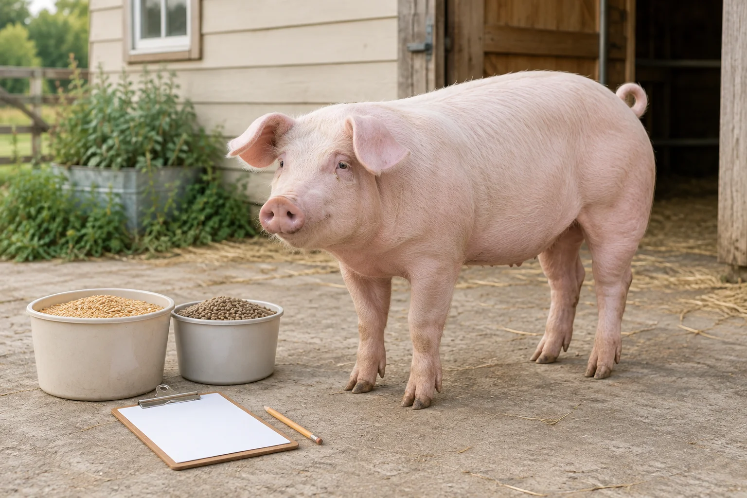 Un porc roz deschis stă în curte lângă două recipiente cu furaj, o planșetă cu hârtie nescrisă și un creion.