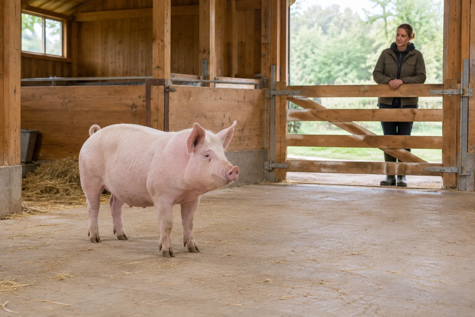 Un porc adult roz stă în adăpostul spațios, iar un îngrijitor privește de cealaltă parte a unui gard de lemn.