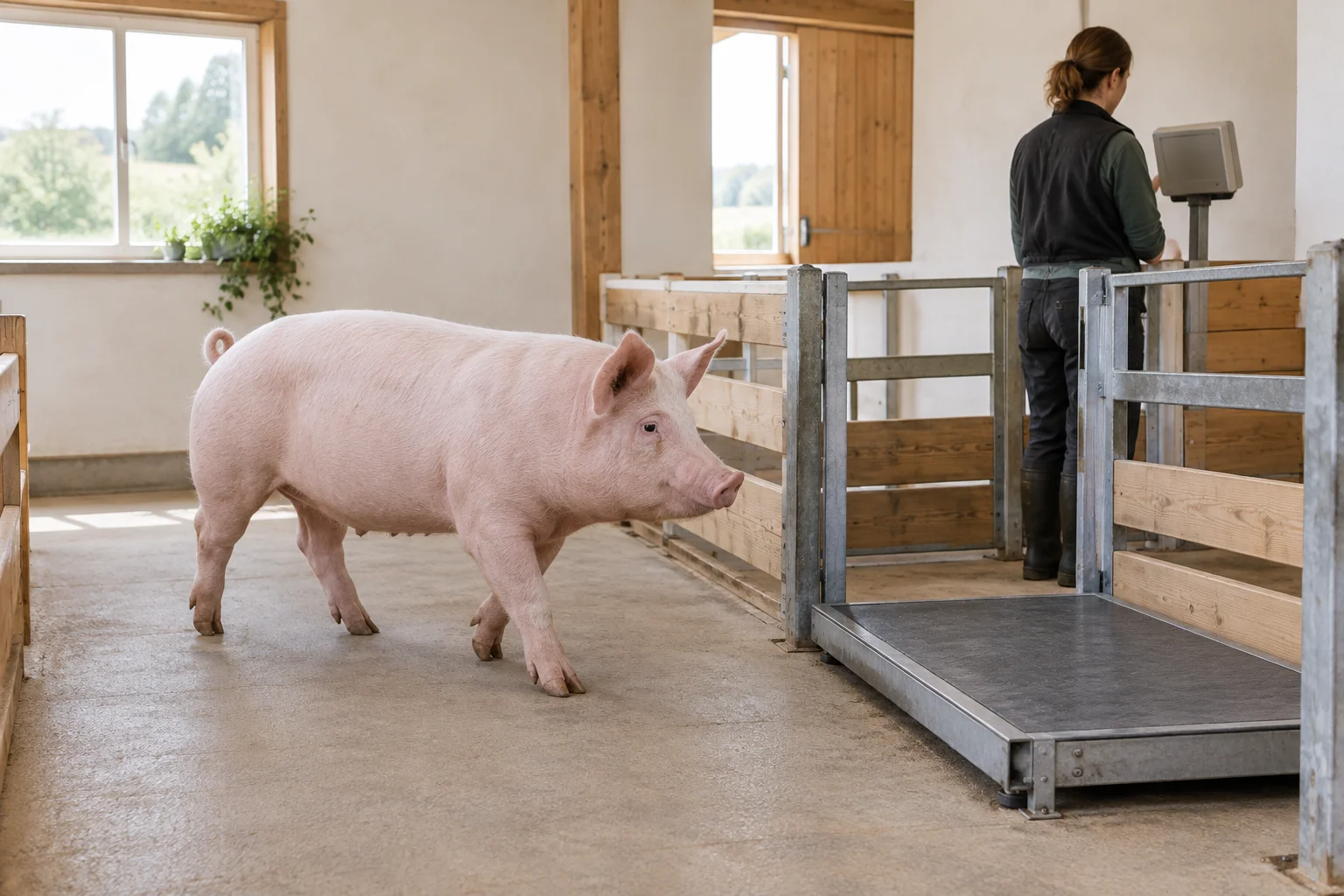 Un porc merge spre o platformă de cântărire, în timp ce un angajat stă lângă indicatorul cântarului.
