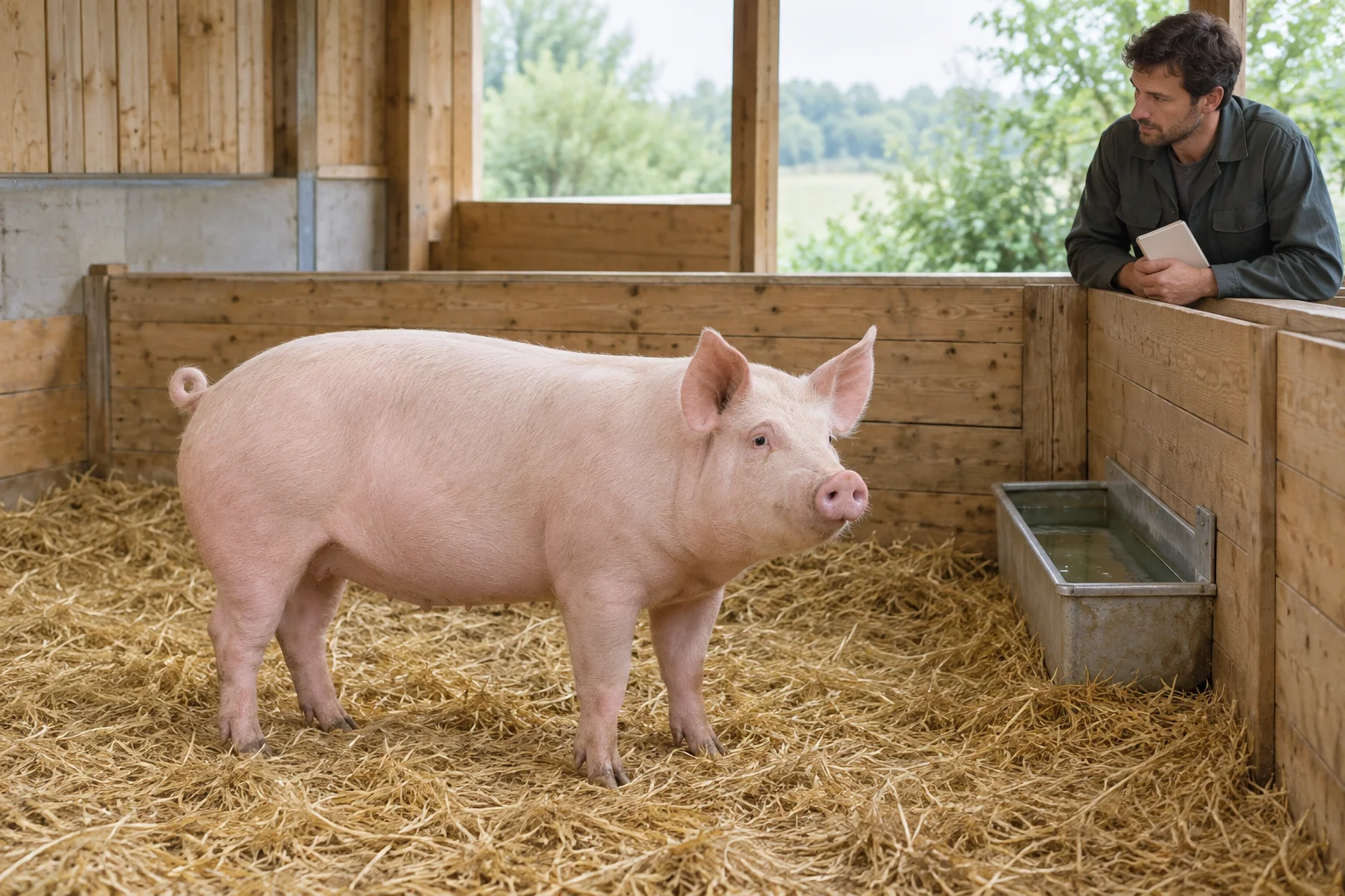 Un porc roz stă pe paie în boxa din lemn. Persoana care îl îngrijește privește din cealaltă parte a despărțiturii, cu un carnet închis în mână.