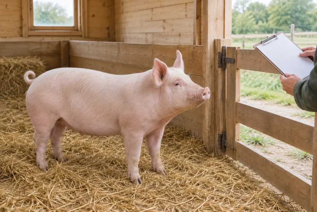 Un porc roz deschis stă pe paie în interiorul unui grajd din lemn. Lângă gard, o persoană ține o planșetă cu o foaie de hârtie goală.