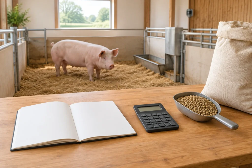 Porc roz în adăpostul cu paie; în prim plan se află un caiet, un calculator și furaje.