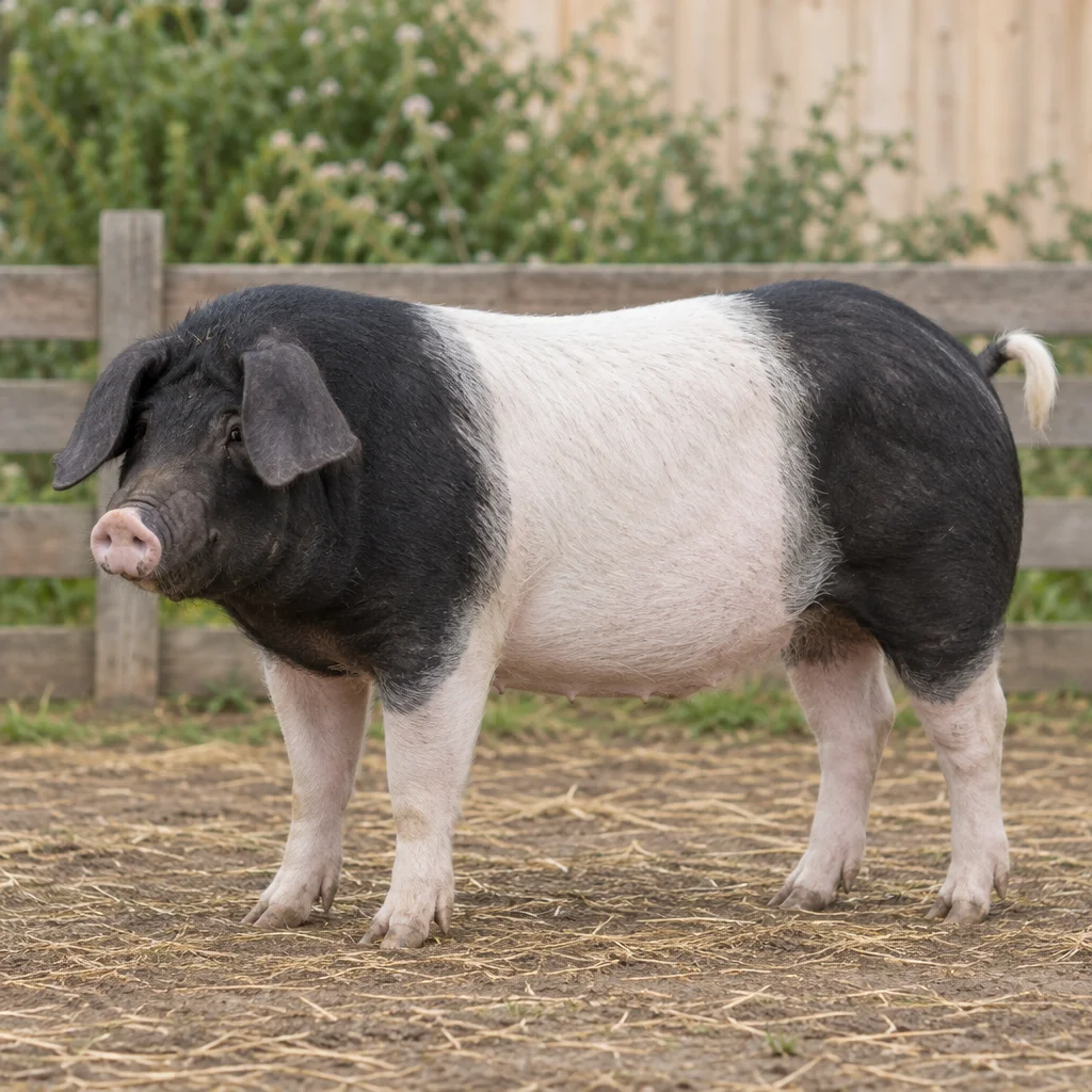 Un porc adult alb și negru, cu urechi căzute, stă în curte în fața unui gard de lemn, cu toate cele patru picioare vizibile.