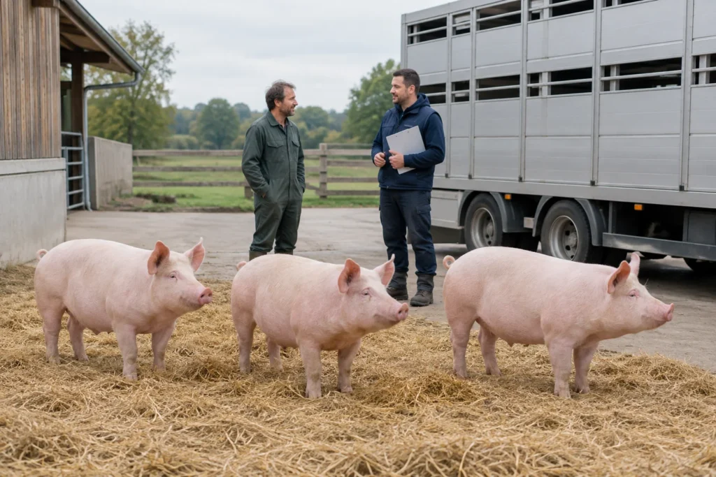 Trei porci roz stau pe paie lângă un camion pentru animale. Lângă ei se află doi bărbați, dintre care unul ține o planșetă cu clemă.
