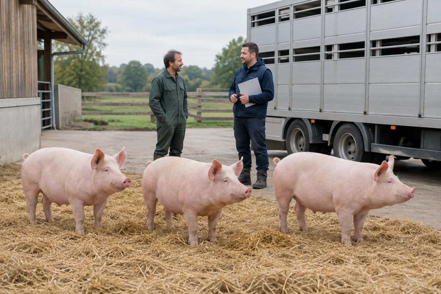 Trei porci roz stau pe paie lângă un camion pentru animale. Lângă ei se află doi bărbați, dintre care unul ține o planșetă cu clemă.