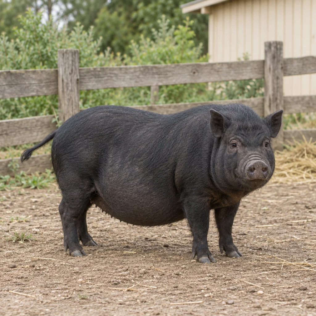 Porc negru cu urechi drepte și burtă lăsată, vizibil în întregime în spațiul exterior împrejmuit.