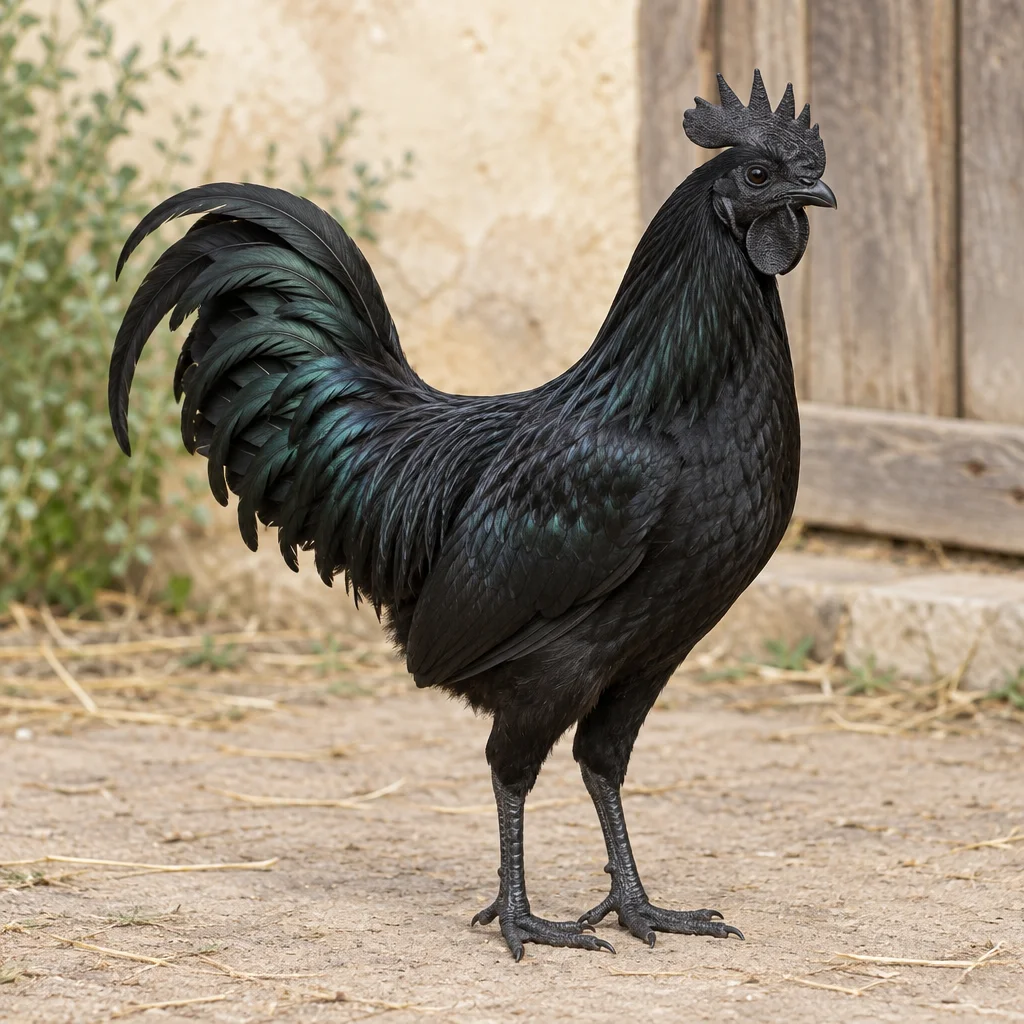 Un cocoș negru, cu creastă și picioare închise la culoare, stă în curte, în fața unui perete deschis la culoare și a unei uși de lemn.