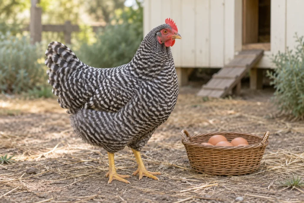O găină cu pene vărgate stă lângă un coș de nuiele cu ouă brune, în fața unui coteț de lemn.