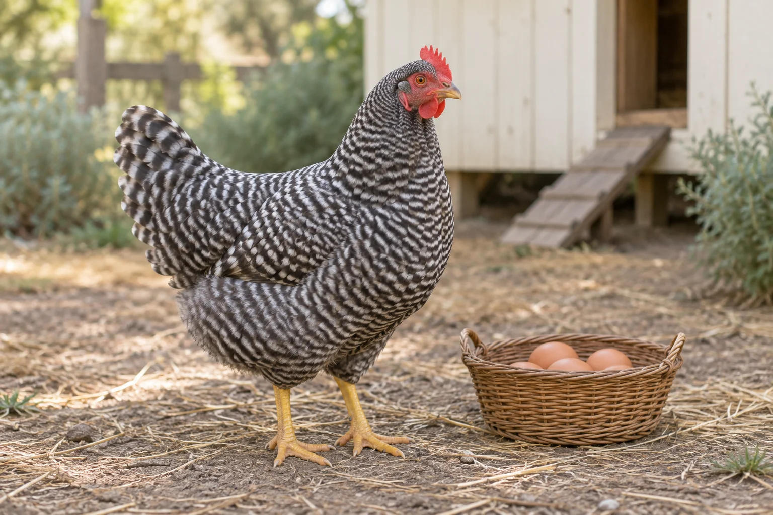 O găină cu pene vărgate stă lângă un coș de nuiele cu ouă brune, în fața unui coteț de lemn.