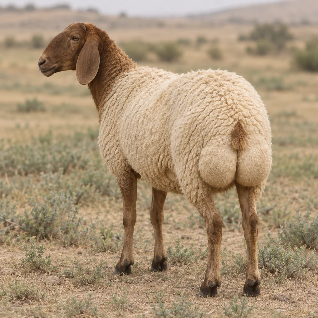 Ilustrație cu o oaie Awassi cu cap brun, urechi lăsate, lână deschisă la culoare și coadă grasă și lată, pe fundalul unui peisaj arid.