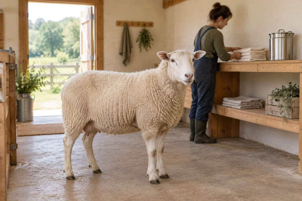 O oaie albă stă în interiorul unui spațiu de lucru luminos, în timp ce o persoană așază lavete pe un raft lângă un bidon metalic închis pentru lapte.
