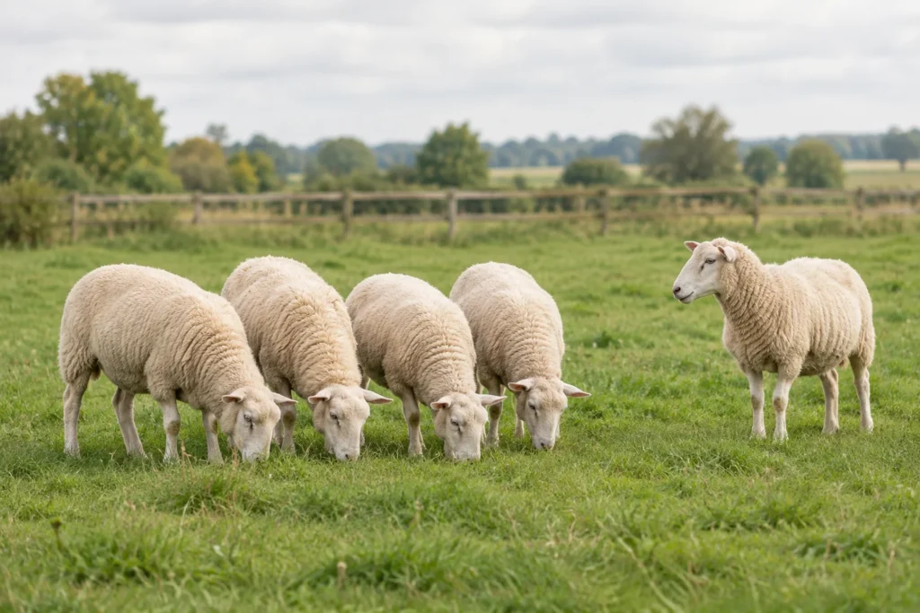 Patru oi pasc pe o pajiște verde, iar o a cincea oaie stă puțin mai departe.