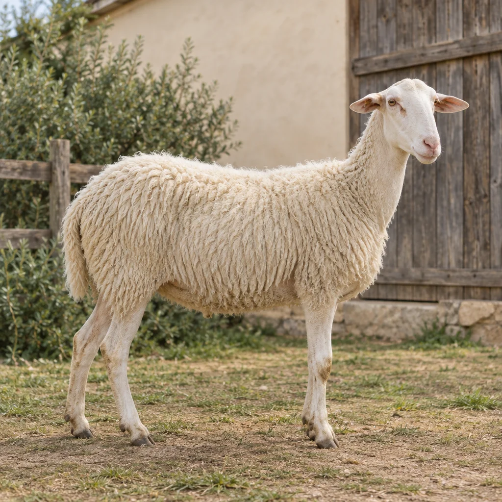 O oaie albă, cu cap îngust și contururi deschise la culoare în jurul ochilor, stă în fața unui șopron de lemn, cu toate cele patru picioare vizibile.