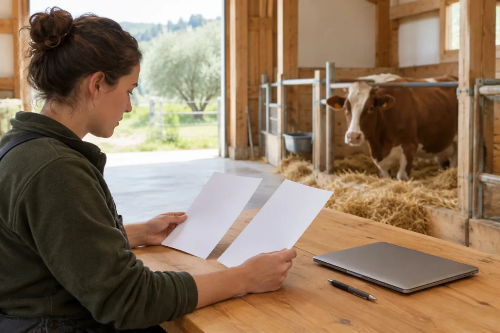 O femeie examinează două foi de hârtie goale la o masă de lemn în interiorul unui adăpost pentru animale. Lângă ea se află un laptop închis și un pix; în fundal se vede o vacă.