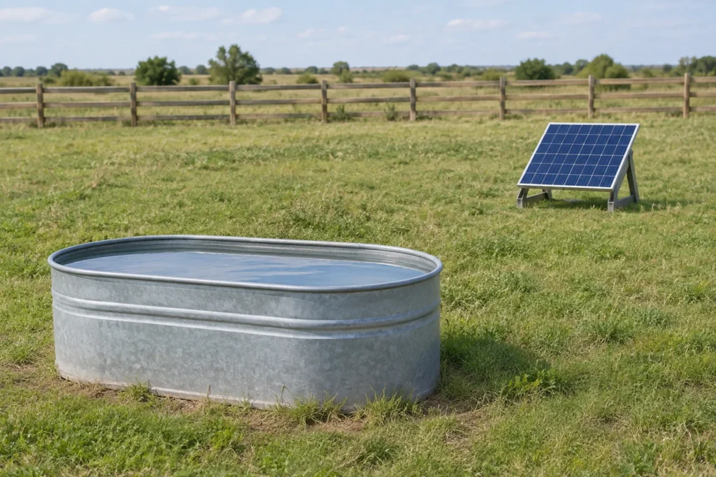 Ilustrație cu o adăpătoare metalică plină pe o pășune, cu un panou solar în fundal.