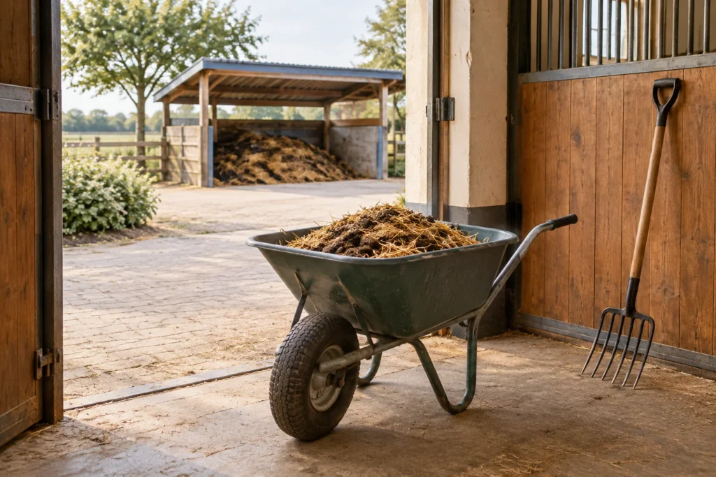 Roabă cu paie și gunoi de grajd lângă ușa unui grajd, cu o furcă pentru gunoi sprijinită de perete și un loc de depozitare acoperit în fundal.