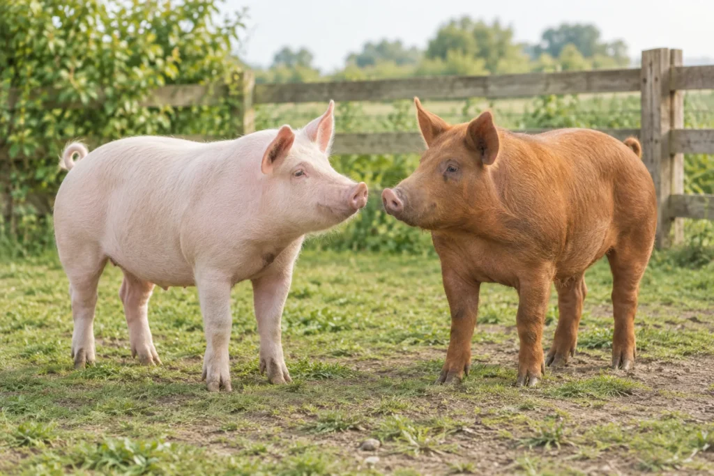 Un porc roz deschis și un porc brun roșcat stau față în față pe un teren exterior împrejmuit.