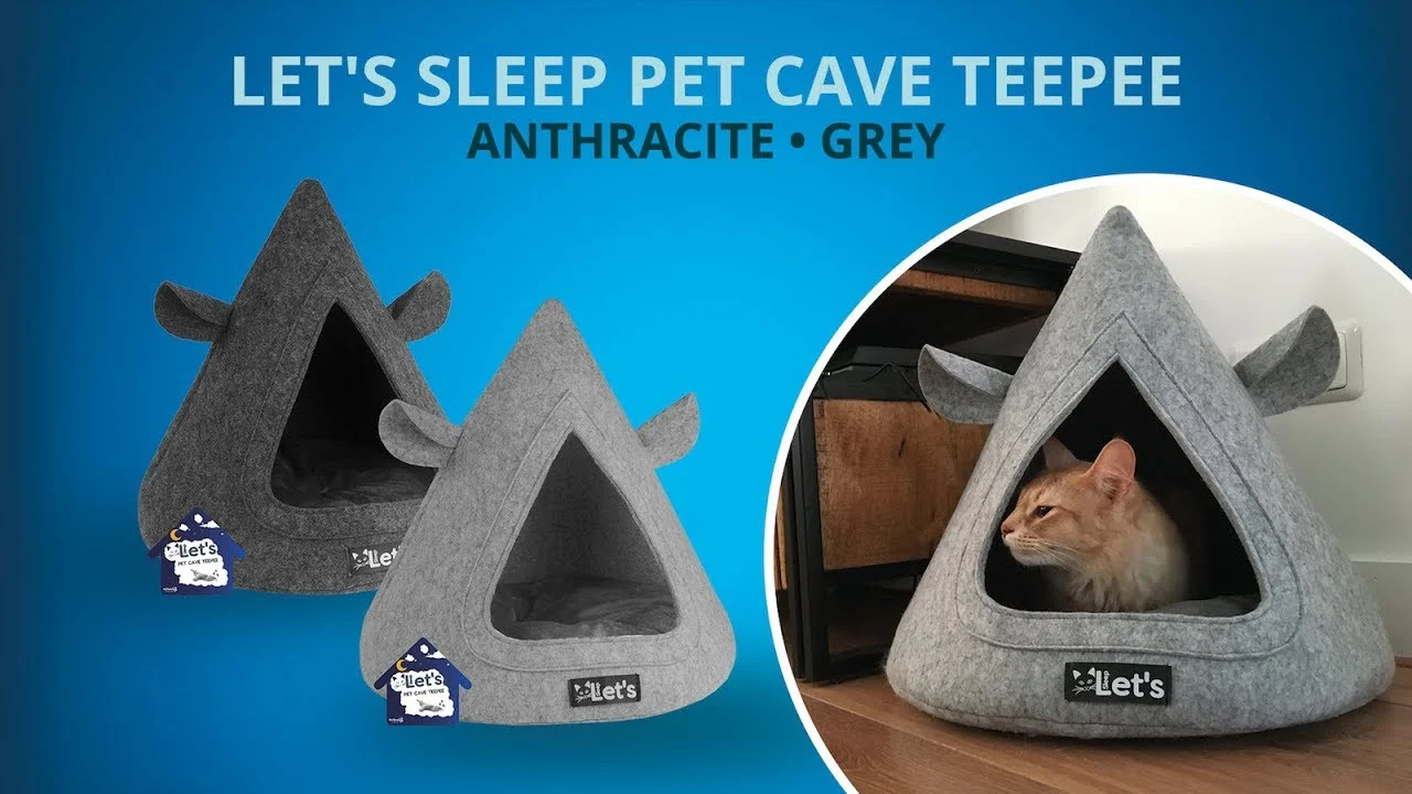 Tipi din pâslă pentru pisici, cu pernă, 50 x 45 cm, gri – Let's Sleep Pet Cave TeePee - imagine 5